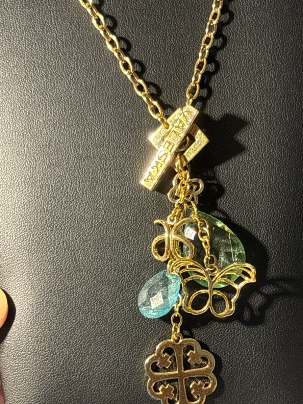 Veleska Arbonne Gold Tone Charm Necklace Butterfly Green Aqua Glass  Signed